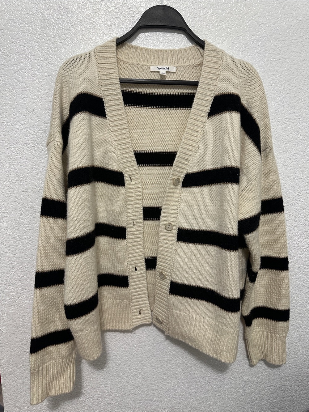 Splendid Cream and Black Striped V-Neck Button Cardigan